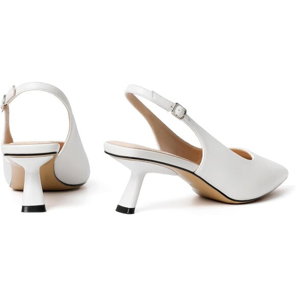 Mostrin Kitten Heel White Faux Leather Low Slingback Heels with Buckle - Picture 8 of 9
